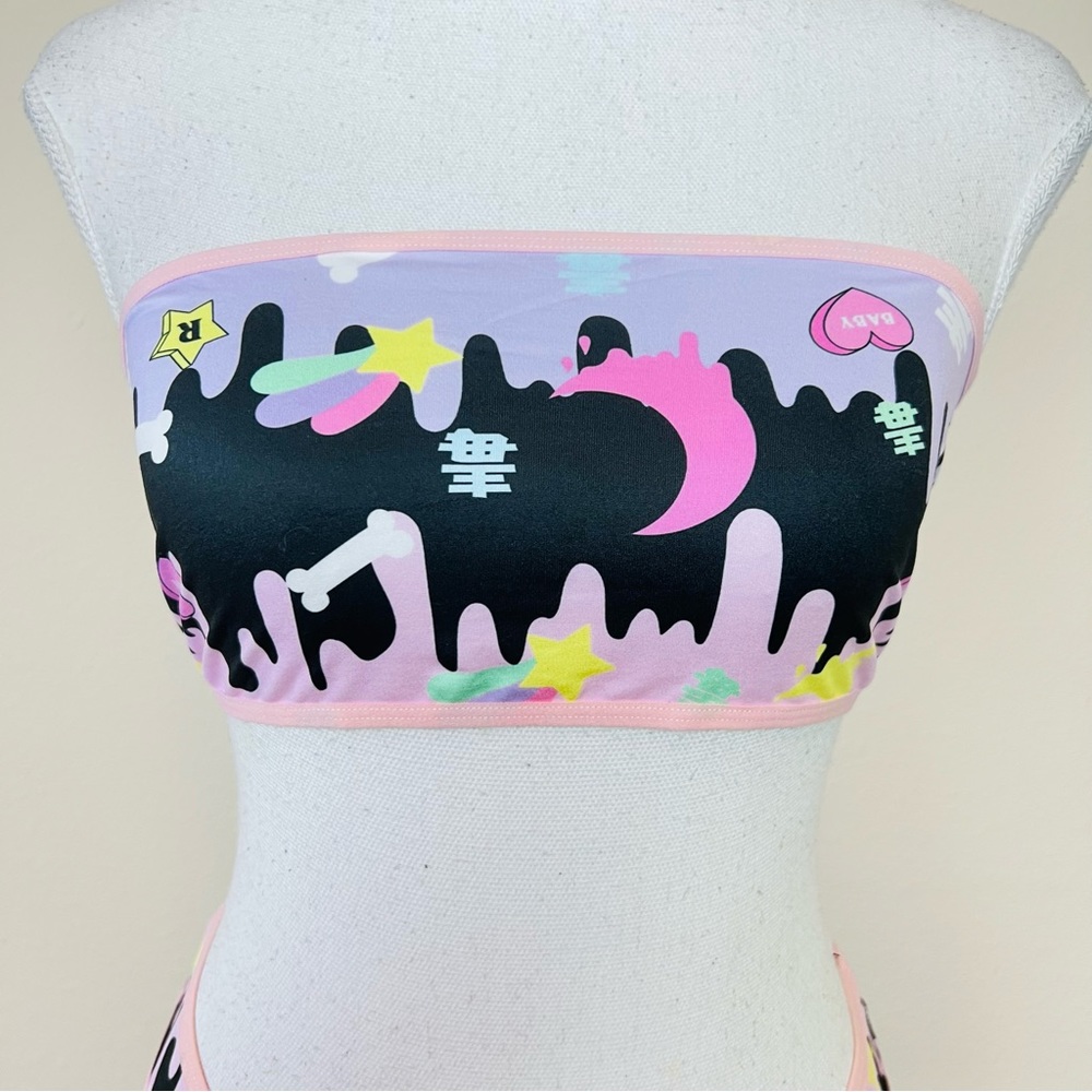 NWT Black & Pink Kawaii Goth Bandeau Tube Top & Bottoms Lingerie Rave Set - Picture 5 of 11
